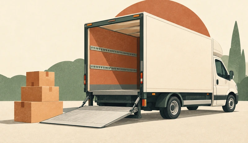 Flat illustration: a box van with its rear shutter open and its tail lift lowered flat to the ground, the empty body showing two load rails along one wall, and three cardboard cartons stacked on the ground beside it.